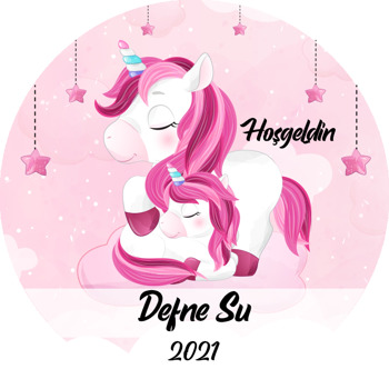 Pembe Unicorn ile Yavrusu Temalı Akrilik Daire Magnet