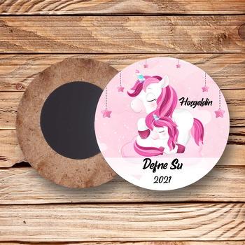 Pembe Unicorn ile Yavrusu Temalı Daire Ahşap Magnet