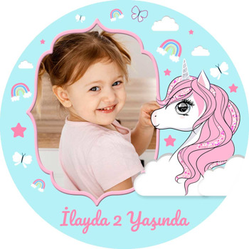 Pembe Yeleli Unicorn ile Mavi Desenli Fon Temalı Sticker