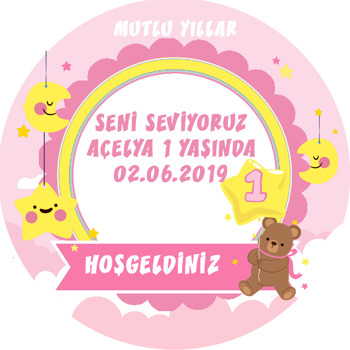 Pembe Yıldızlı Ayıcık Temalı 1 Yaş Sticker