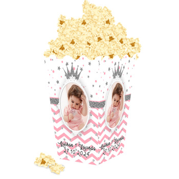 Pembe Zeminli Simli Gümüş Taç Temalı Popcorn Kutusu