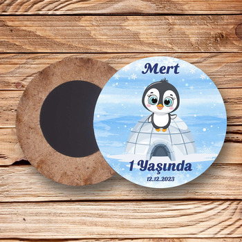 Penguen ile Kar Taneleri Temalı Daire Ahşap Magnet