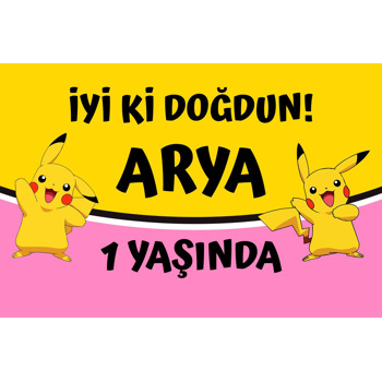 Pikachu Pembe Sarı Fon Temalı Doğum Günü Afiş