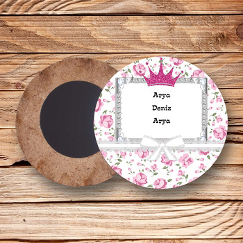 Pink Crown Temalı Ahşap Daire Magnet