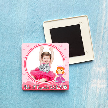 Pink Princess Temalı Doğum Günü Plastik Kare Magnet