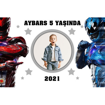 Power Rangers Mavi ile Kırmızı Temalı Doğum Günü Afiş