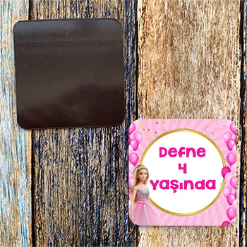 Prenses ile Pembe Balonlar Temalı Doğum Günü Magnet