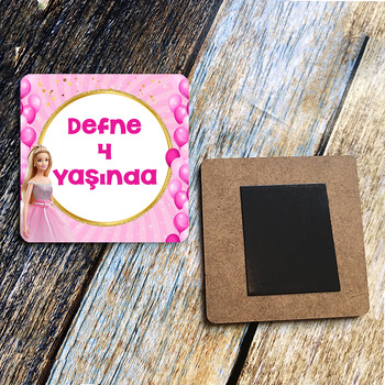 Prenses ile Pembe Balonlar Temalı Kare Ahşap Magnet