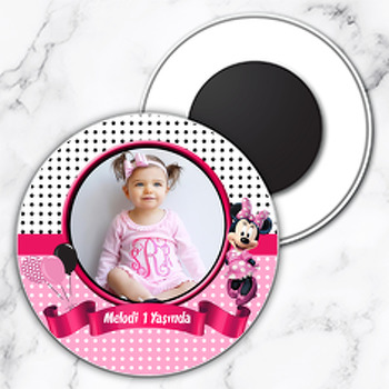 Puantiyeli Minnie Mouse Temalı Resimli Daire Plastik Magnet