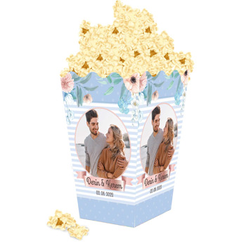 Pudra Çiçekler ile Desenli Mavi Fon Temalı Popcorn Kutusu