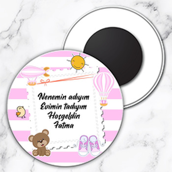 Pul Çerçeveli Pembe Balon ve Uçak Temalı Daire Plastik Magnet