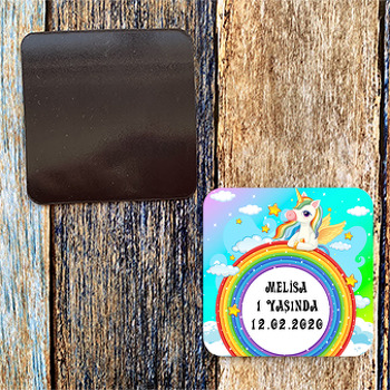 Renkli Gökkuşağı Ve Unicorn Temalı Kare Doğum Günü Magnet