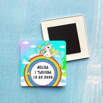 Renkli Gökkuşağı Ve Unicorn Temalı Plastik Kare Magnet