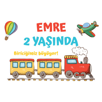 Renkli Tren Uçak ile Balon Temalı Doğum Günü Magnet