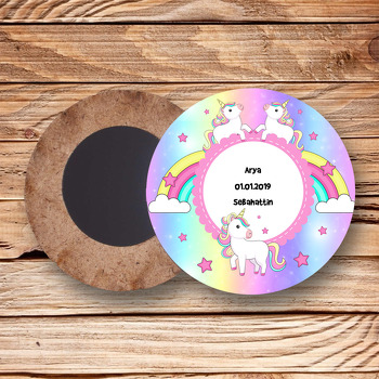 Renkli Unicorn Temalı Ahşap Daire Magnet