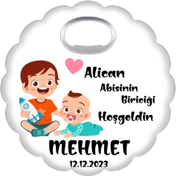 Roket Oyuncaklı Ağabey ile Bebek Kardeşi Temalı Çiçek Şekilli Magnet Açacak