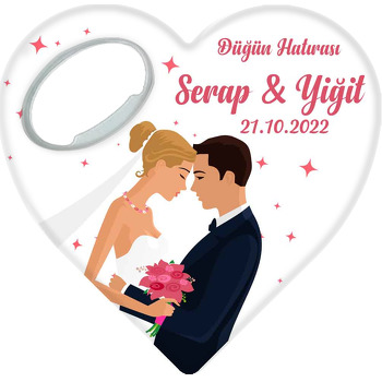 Romantik Gelin Damat Temalı Kalp Şekilli Magnet Açacak