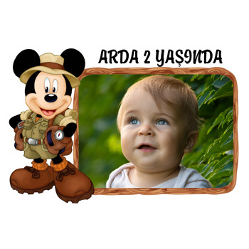 Safari Mickey Mouse ile Ahşap Çerçeve Temalı Doğum Günü Afiş