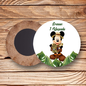 Safari Mickey Mouse ile Yapraklar Temalı Daire Ahşap Magnet