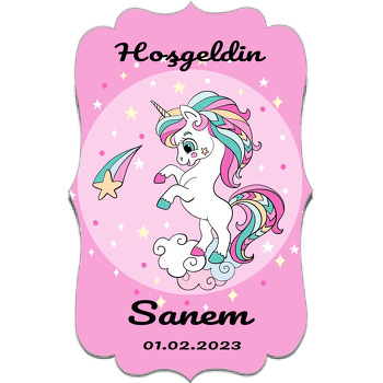 Şaha Kalkmış Unicorn Pembe Yıldızlı Fon Temalı Özel Kesim Magnet