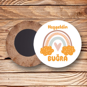 Sarı Bulutlu Gökkuşağı Temalı Daire Ahşap Magnet