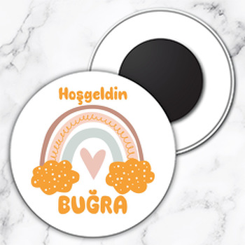 Sarı Bulutlu Gökkuşağı Temalı Daire Plastik Magnet