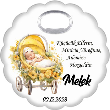 Sarı Çiçekli Bebek Arabası ile Bebek Temalı Çiçek Şekilli Magnet Açacak