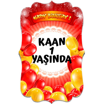 Sarı Kırmızı Balonlar ile Happy Birthday Temalı Özel Kesim Magnet