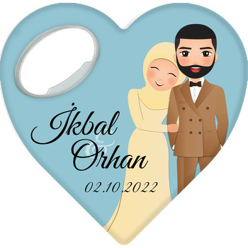 Sarı Nişanlık Gelin ile Damat Temalı Kalp Şekilli Magnet Açacak