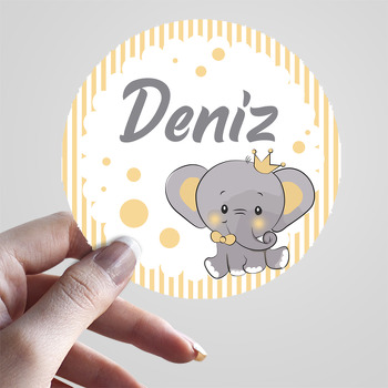 Sarı Taçlı Fil ile Çizgili Fon Temalı Hoşgeldin Bebek Sticker