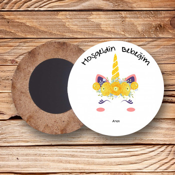 Sarı Unicorn Başlığı Temalı Ahşap Magnet