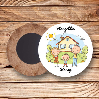 Sevimli Aile ile Ev Temalı Daire Ahşap Magnet