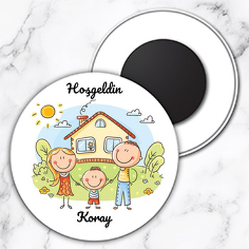 Sevimli Aile ile Ev Temalı Daire Plastik Magnet