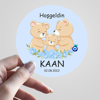 Sevimli Ayı Ailesi ile Mavi Güller Temalı Sticker