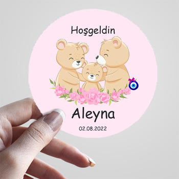 Sevimli Ayı Ailesi ile Pembe Güller Temalı Sticker