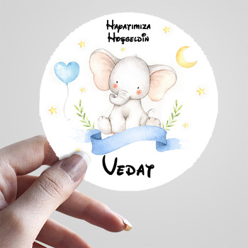 Sevimli Fil ile Mavi Kalp Balon ve Ay Temalı Sticker