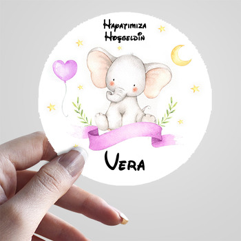 Sevimli Fil ile Mor Kalp Balon ve Ay Temalı Sticker