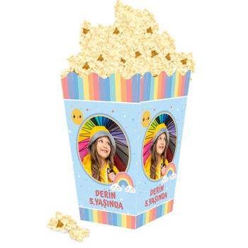 Sevimli Gökkuşağı Mavi Kalpli Fonda Temalı Popcorn Kutusu