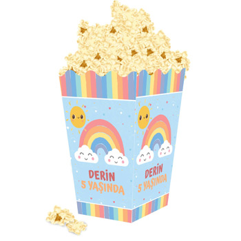 Sevimli Gökkuşağı Mavi Kalpli Fonda Temalı Popcorn Kutusu