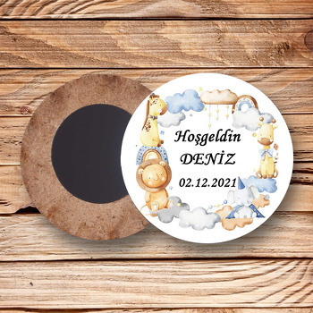 Sevimli Hayvanlar ile Soft Gökkuşağı Çerçeve Temalı Daire Ahşap Magnet