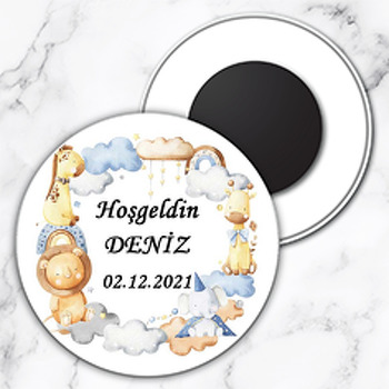 Sevimli Hayvanlar ile Soft Gökkuşağı Çerçeve Temalı Daire Plastik Magnet