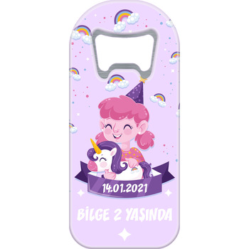 Sevimli Kız ve Unicorn Lila Fon Temalı Uzun Magnet Açacak