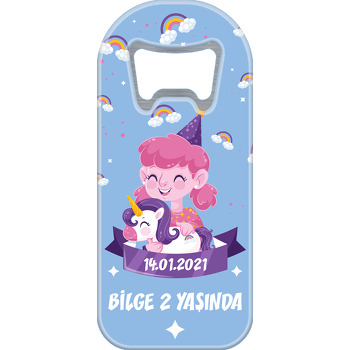 Sevimli Kız ve Unicorn Mavi Fon Temalı Uzun Magnet Açacak