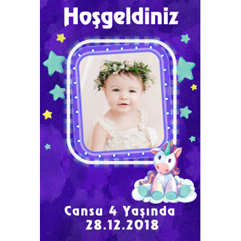 Sevimli Mor Unicorn  Temalı Doğum Günü Afiş