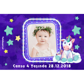 Sevimli Mor Unicorn  Temalı Doğum Günü Magnet