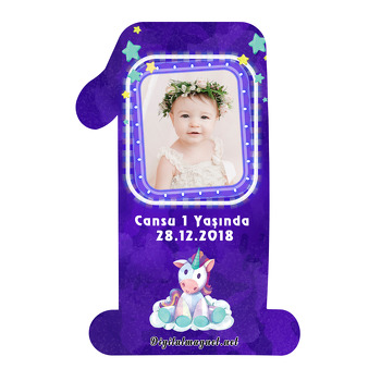 Sevimli Mor Unicorn Temalı Doğum Günü Magnet