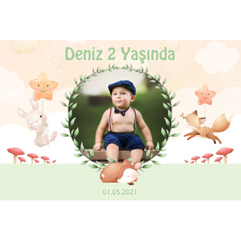 Sevimli Soft Hayvanlar ile Yaprak Çerçeve Temalı Doğum Günü Magnet