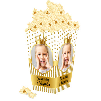 Simli Beyaz Puantiye ile Gold Çerçeve Temalı Popcorn Kutusu