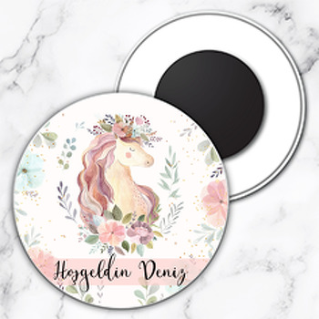 Soft Çiçekli Unicorn Temalı Daire Plastik Magnet