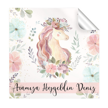 Soft Çiçekli Unicorn Temalı Kare Etiket